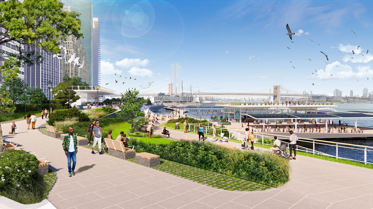 Rendering of the Financial District and Seaport Climate Resilience Master Plan featuring a view looking north toward Old Slip.