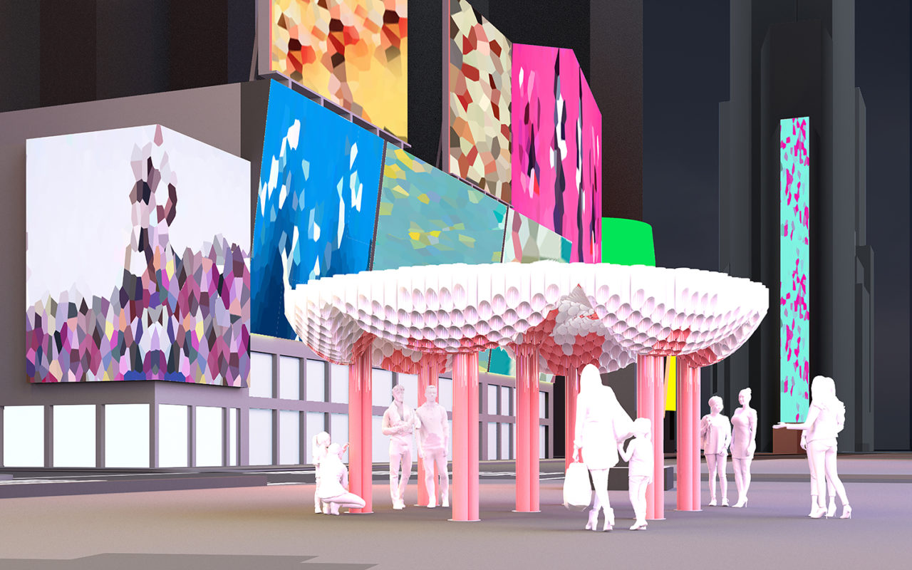 Rendering of Bloom from the street level, showing how the project interacts with Times Square's billboards.