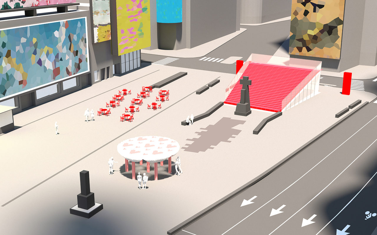 An aerial rendering of Bloom, showcasing the structure's heart pattern.