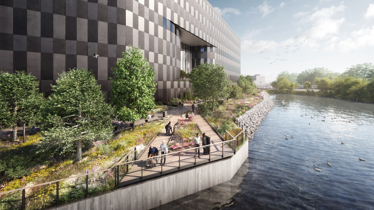 Rendering of the exterior of Wildflower Studios, showing the building's relationship to the river.