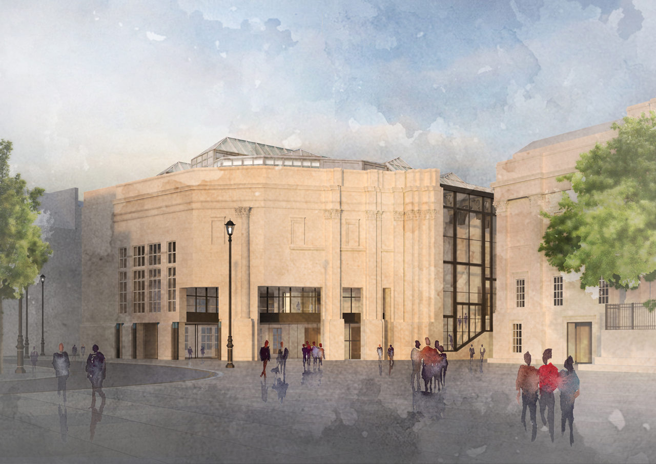 Illustration of the National Gallery of Art, featuring the space outside the Sainsbury Wing.