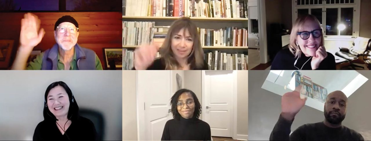 Screenshot of the jury members talking on Zoom and waving at the camera