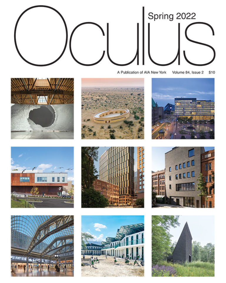 Cover of Oculus Magazine Spring 2022 issue with a grid of architectural photos