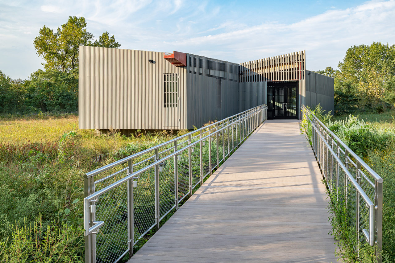 A grey brick path with a handrail leads to a grey structure with vertical striations set against marsh grasses