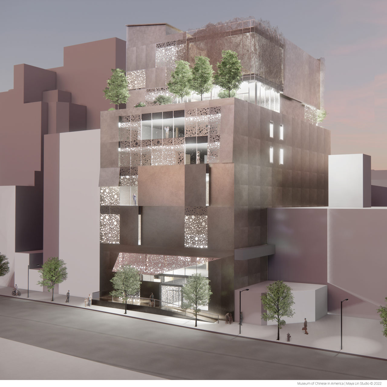 Rendering of an exterior view of a multi-story building featuring a facade that combines screens and solid elements as well as a number of terraces with trees