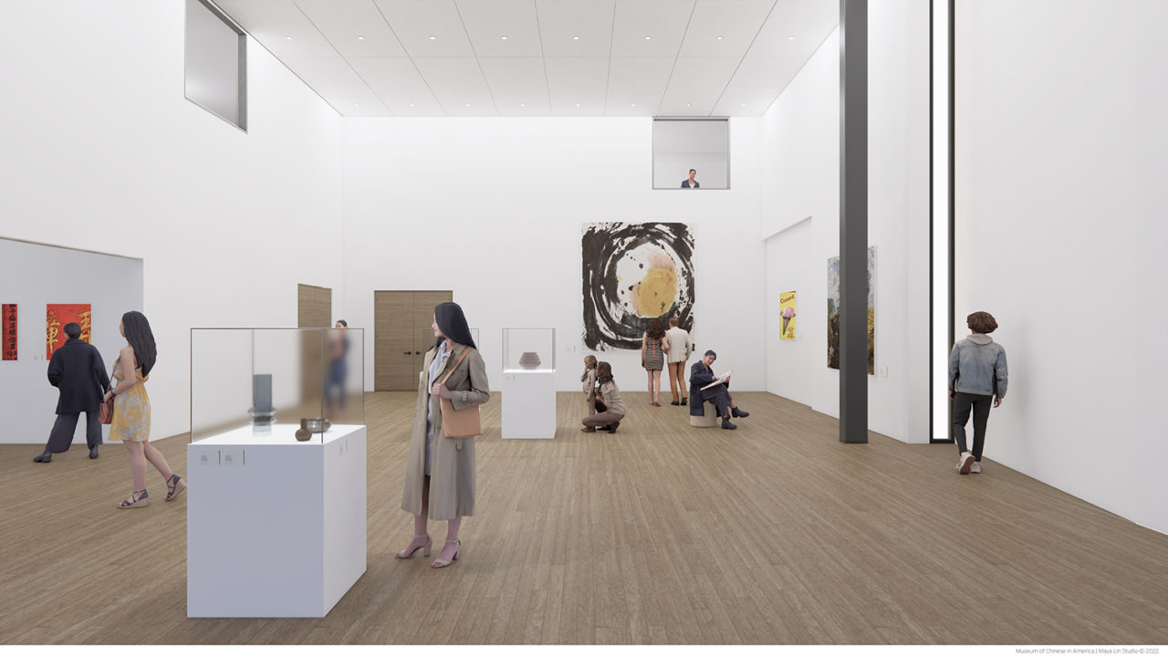 Rendering of the interior of a gallery space with white walls and high ceilings