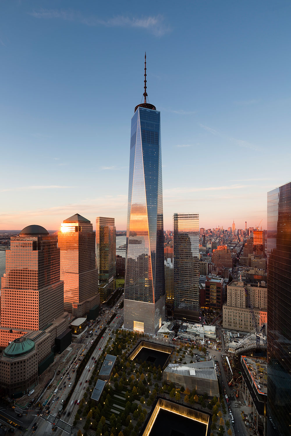 The One World Trade Center tower as seen from a slightly aerial view