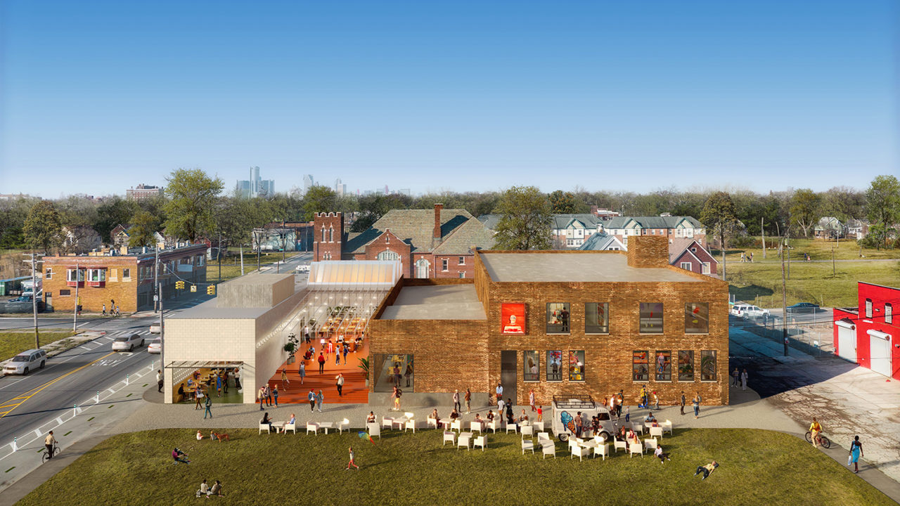 Aerial rendering depicting two buildings—one white masonry and one made of brick.