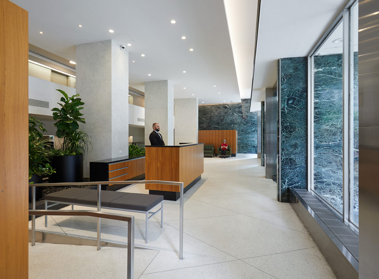 The Belmont Freeman Architects-renovated lobby spaces at the Presidential Towers at 315 West 70th Street in Lincoln Square. Photo: Jody Kivort. 