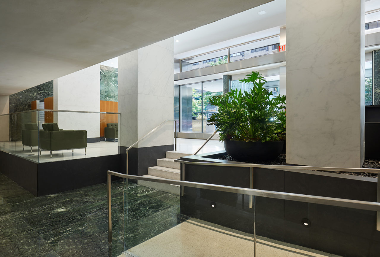 The Belmont Freeman Architects-renovated lobby spaces at the Presidential Towers at 315 West 70th Street in Lincoln Square. Photo: Jody Kivort. 