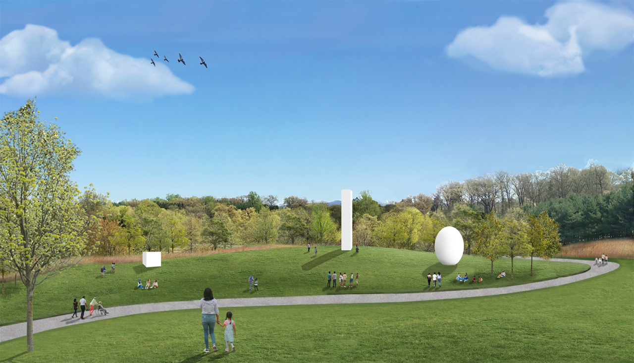 Rendering of a green field surrounded by trees featuring artworks.