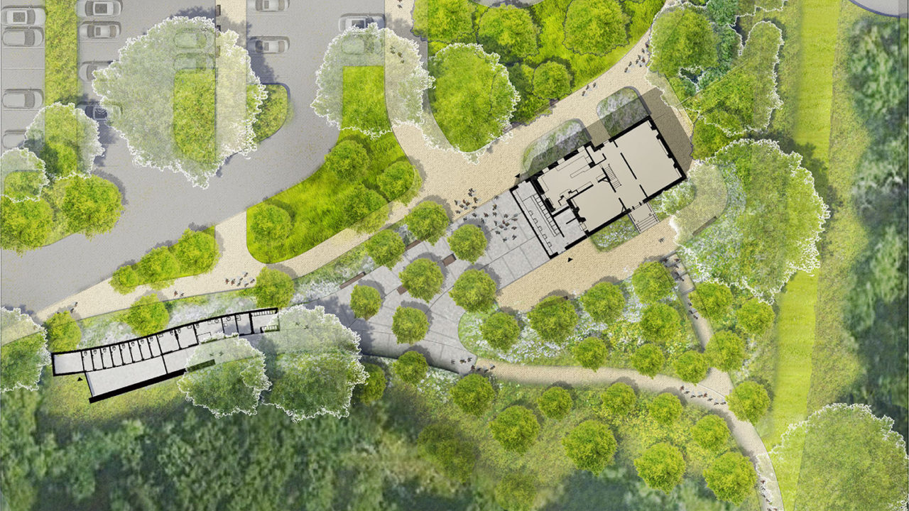 Aerial view diagram of a site showing a few building structures surrounded by green space and trees.