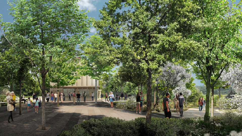 Rendering of a green space with trees and a pedestrian walkway.