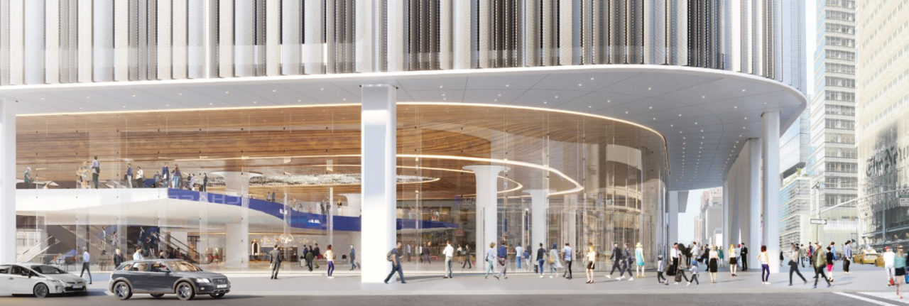 Rendering of exterior of a building with extensive glazing and a large lobby area.