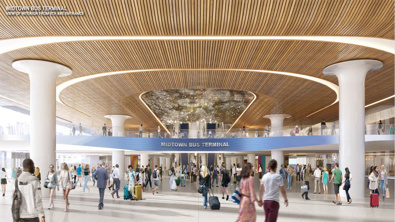 Rendering of public building interior with several human figures walking around, some with suitcases. Text on mezzanine level reads "Midtown Bus Terminal."