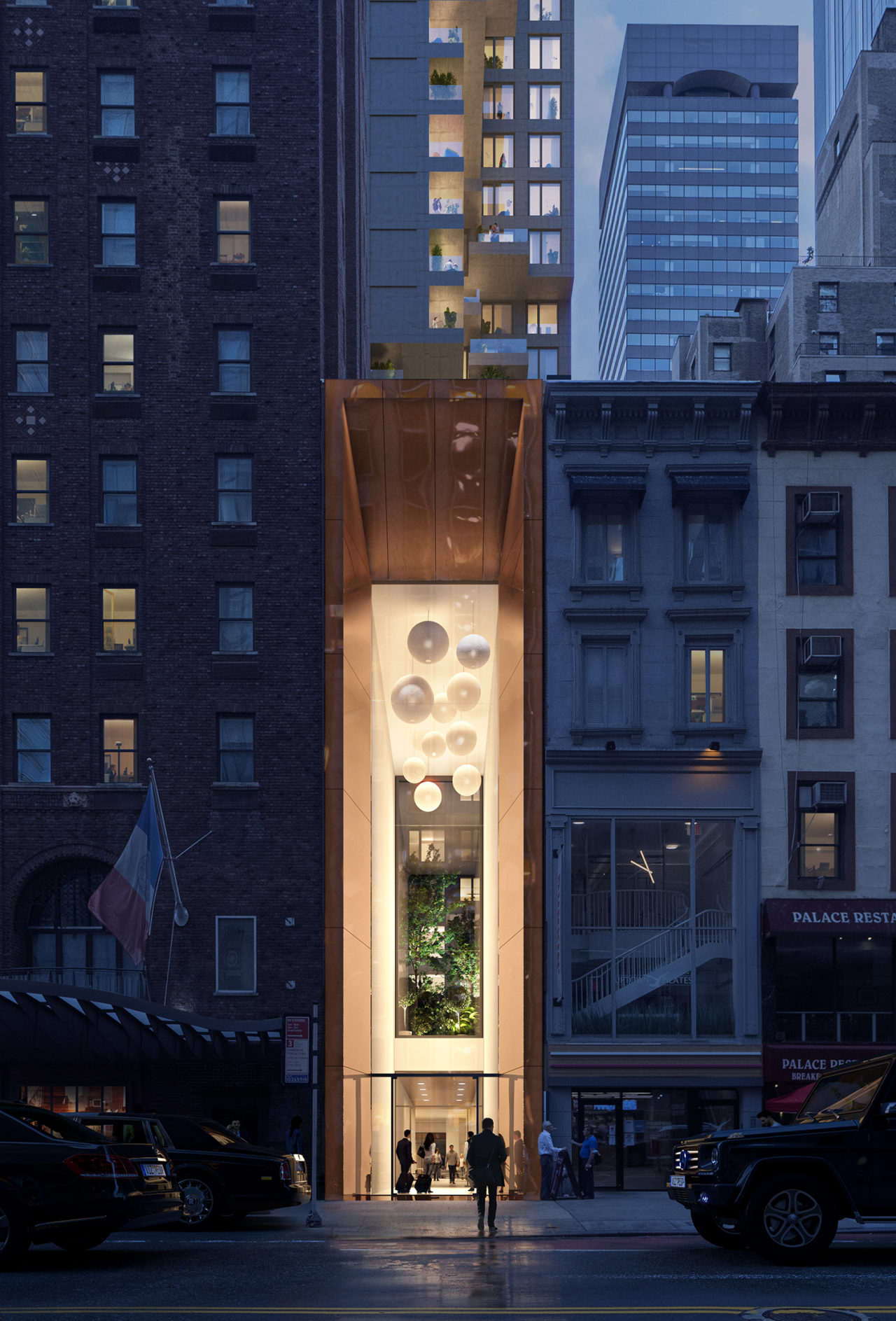 Rendering of the entrance to a building at dusk.