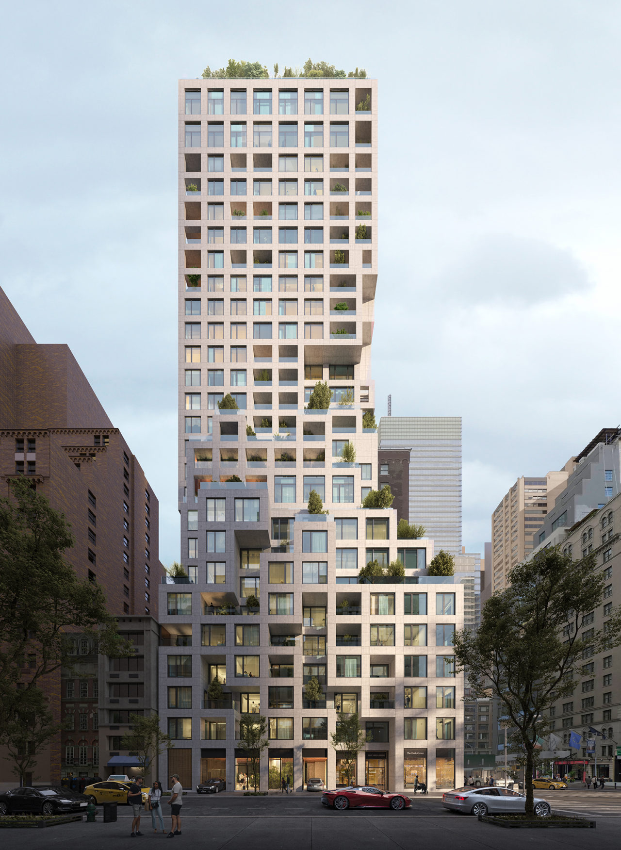 Rendering of the exterior of a building, featuring a stepped design and a white, glazed facade.