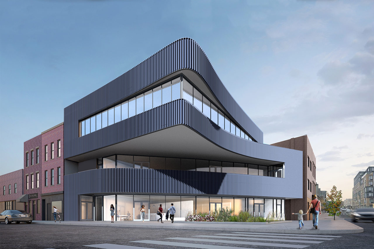 Street-view rendering of a finned, cantilevered building.