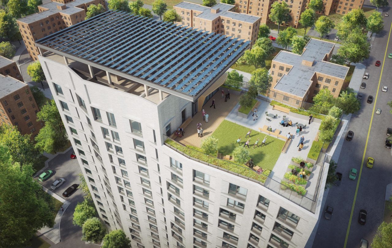 A rendering of the roof terrace at Casa Celina, a 205-unit affordable housing development for seniors