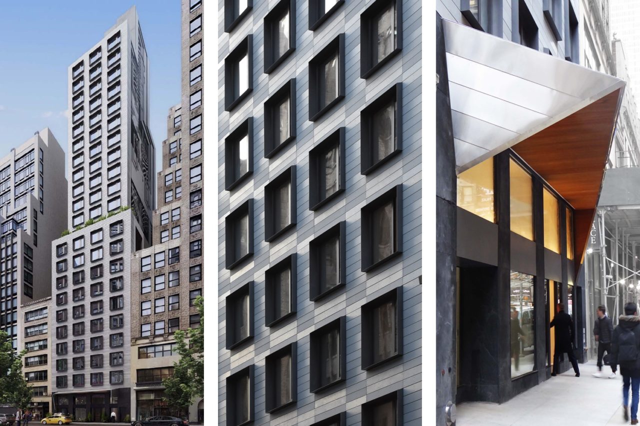 Exterior render, window array, and entry canopy at 211 W 29th St.