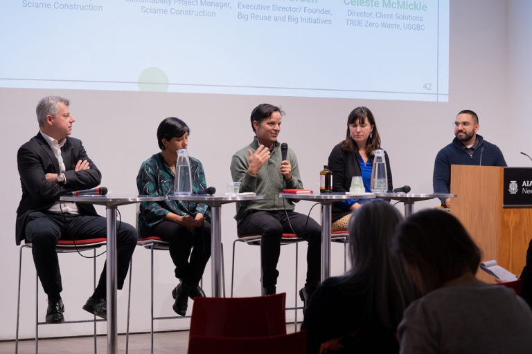 Robert Daros, Sciame Construction; Pradnya Narayanan, Sciame Construction; Justin Green, Big Reuse; Celeste McMickle, USGBC; Nicolas Savvides, Civic Leadership Fellow. Photo: Christina X Brown. 