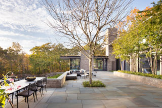 A stone-tiled outdoor space with a tree emerging from the center, a dining table to the left, and a sofa and chairs behind the tree