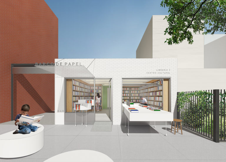 Rendering of a library building with an indoor/outdoor table and front exterior courtyard