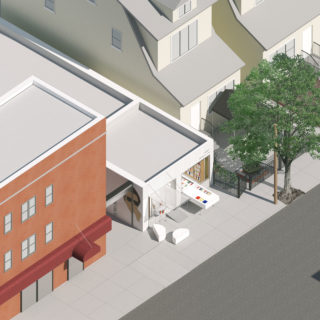 Rendering of a library building with an indoor/outdoor table and front exterior courtyard