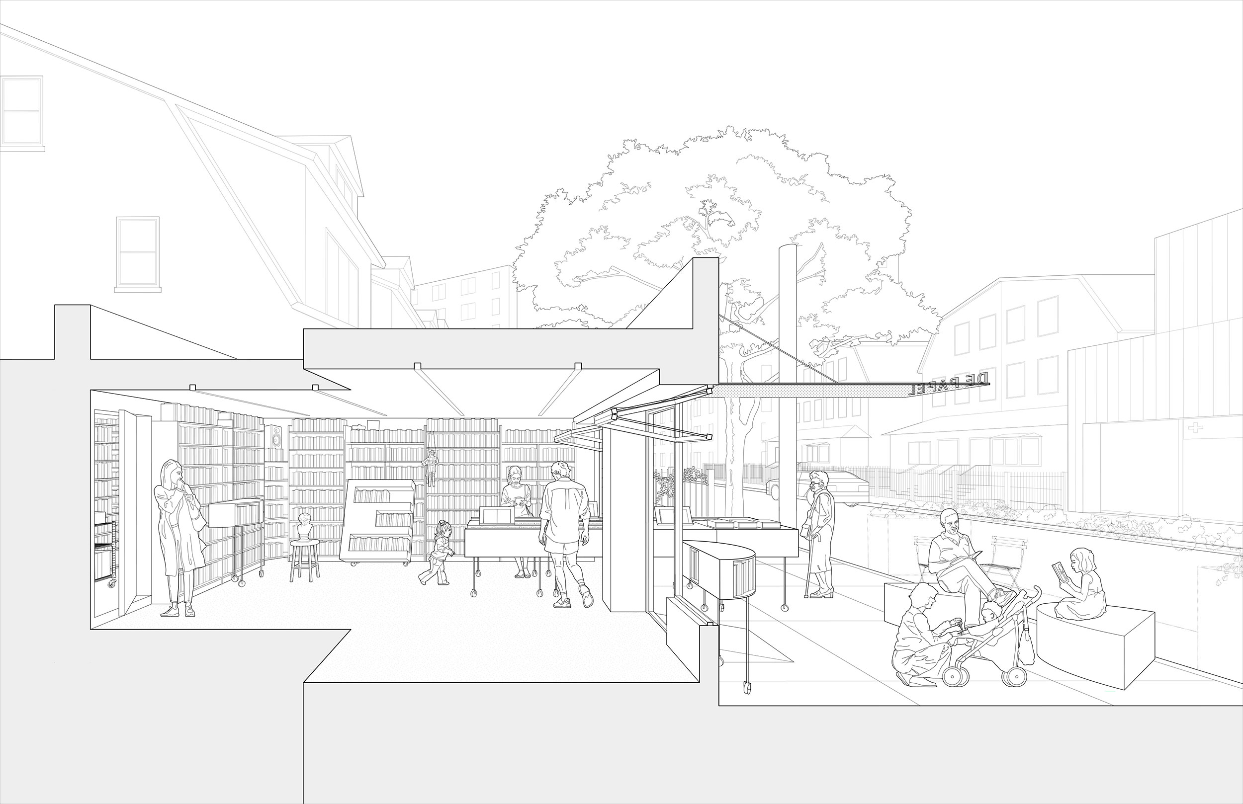 Line drawing of a library building with an indoor/outdoor table and front exterior courtyard