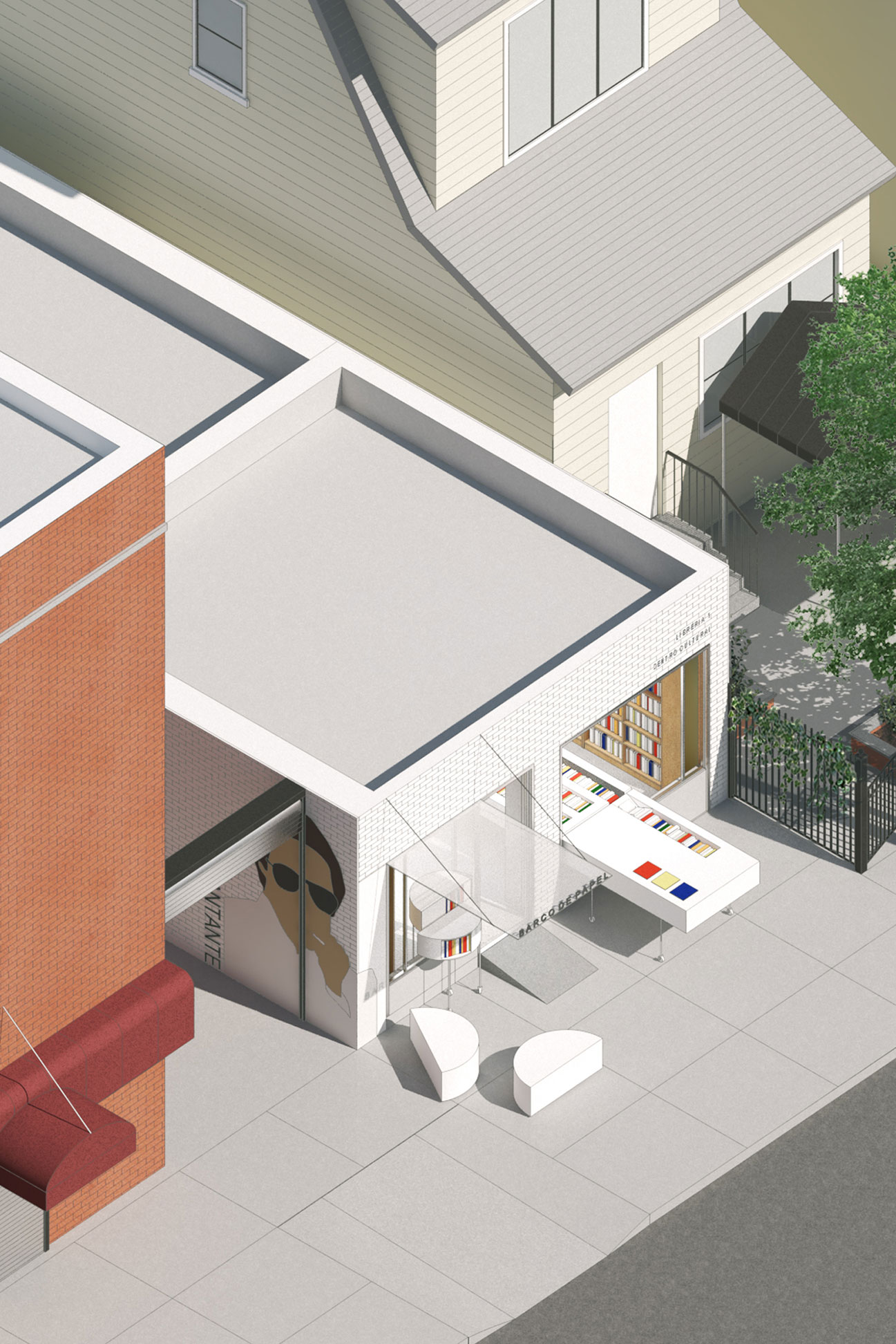Rendering of a library building with an indoor/outdoor table and front exterior courtyard