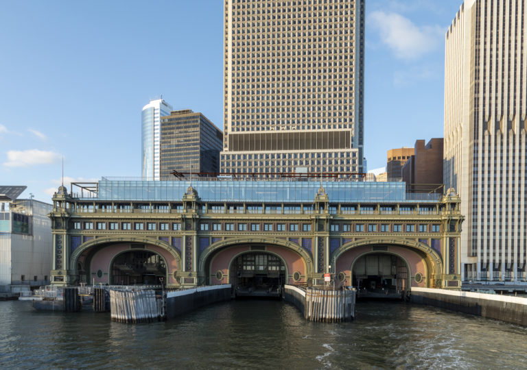 Battery Maritime Building exterior with the ferry terminals and the water in the foreground