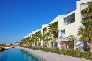 The exterior of the Marea housing development in Lebanon with a swimming pool in the foreground
