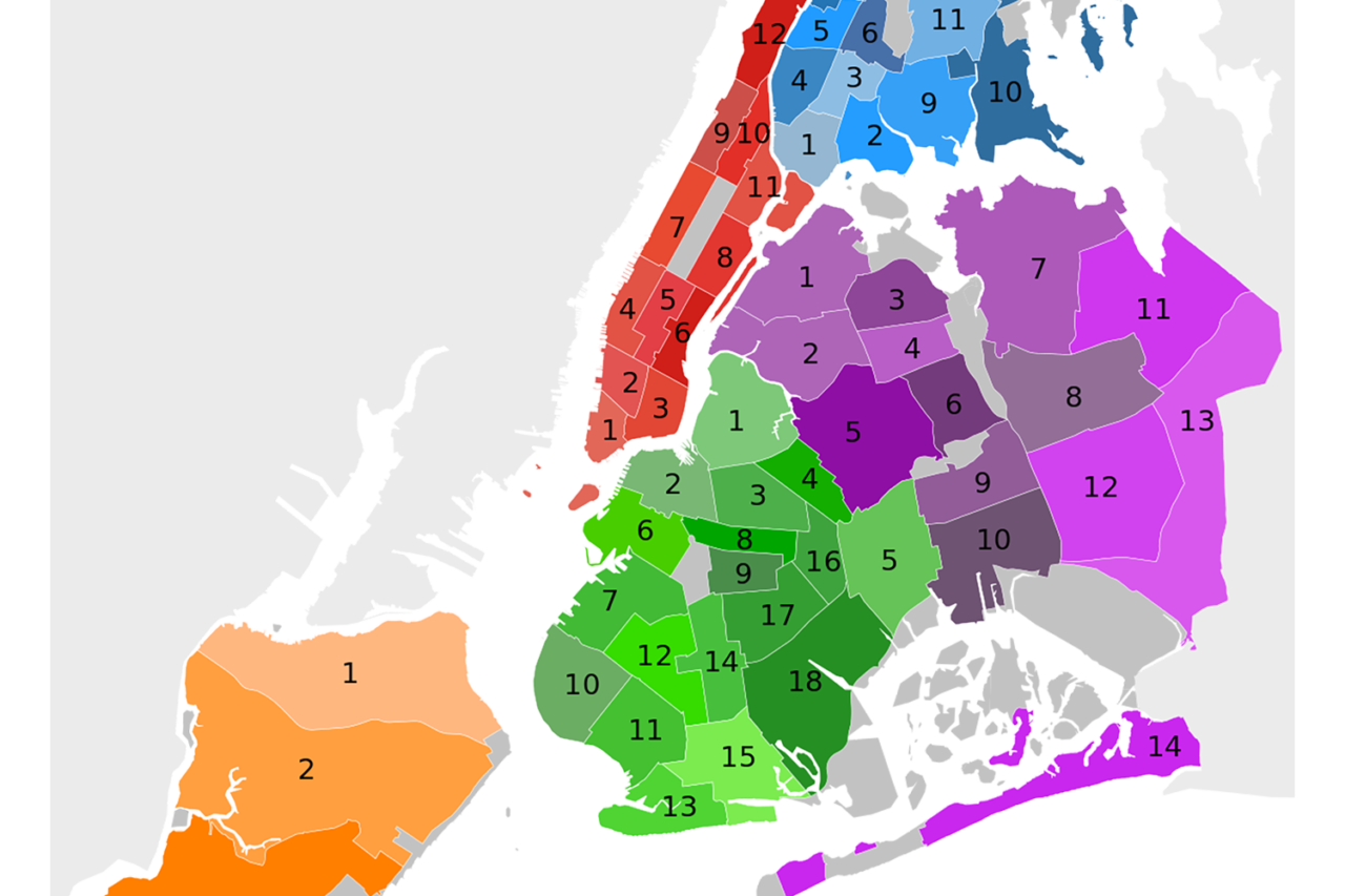 New York City community districts. Image: Fitnr via Wikimedia Commons.