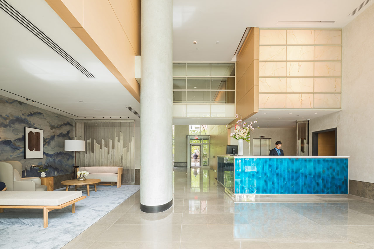 The Solaire by Pelli Clarke Pelli, with renovated spaces by COOKFOX Architects. Photo: Alex Ferrec/COOKFOX Architects.
