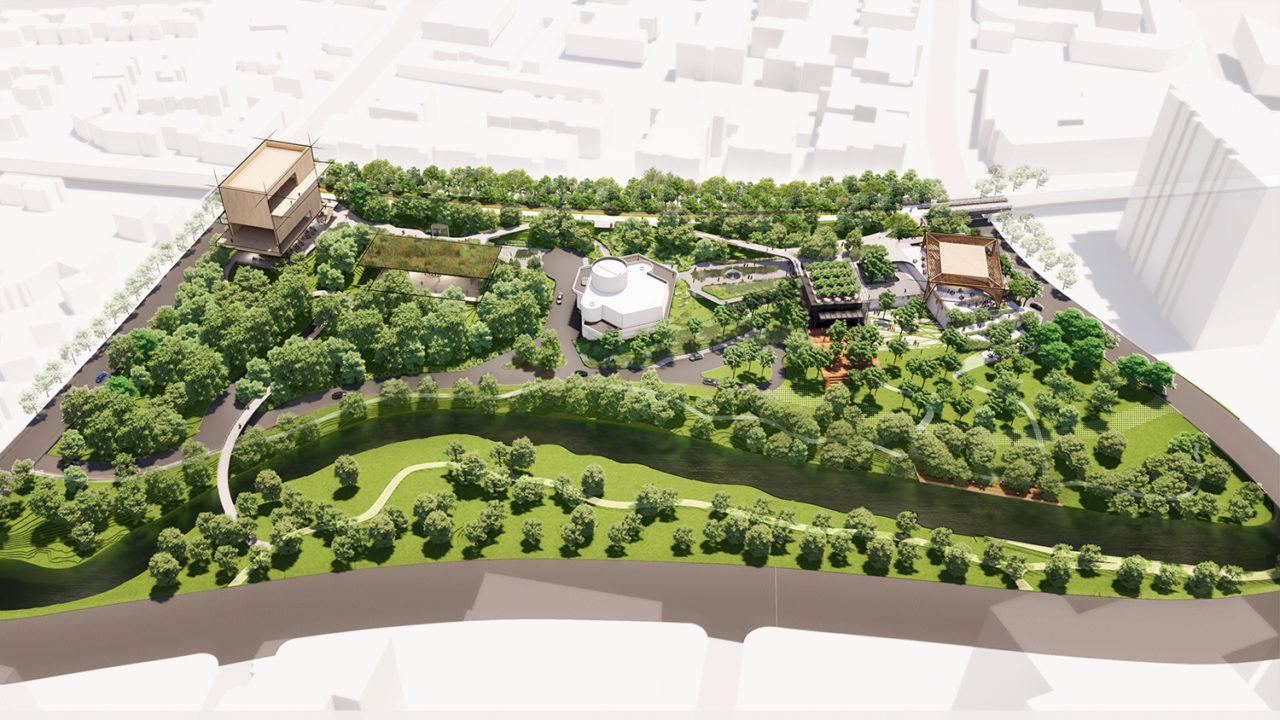 Aerial rendering depicting Kalia Humphreys theater set amidst green space