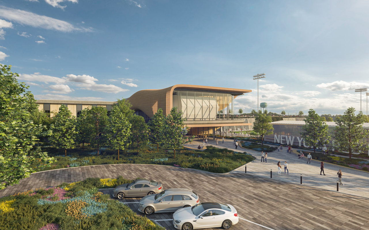 Rendering of Red Bulls training facility campus building with parking lot in the foreground