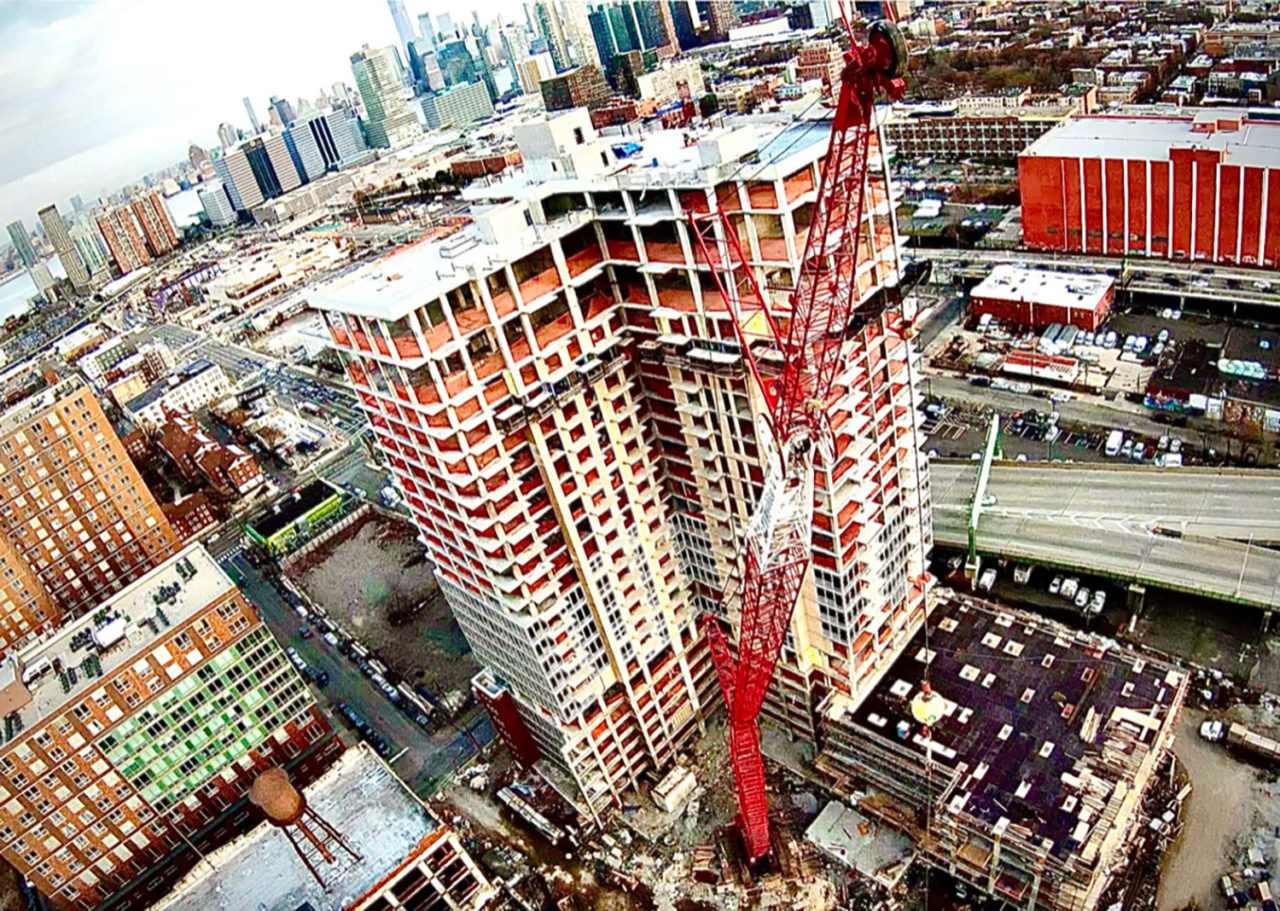 Drone shot looking South East at Hudson House during construction.