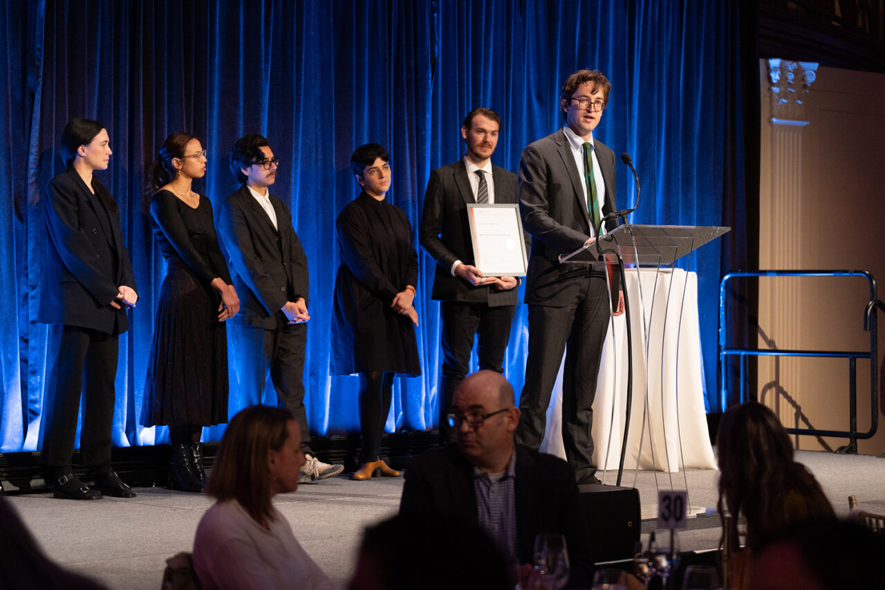 New York Review of Architecture Publisher Nicolas Kemper accepts the Architecture in Media Award at the AIANY Honors and Awards Luncheon. Photo: Sam Lahoz.