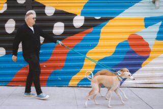 Portrait of Matthew Bremer walking his two dogs in front of a bright mural
