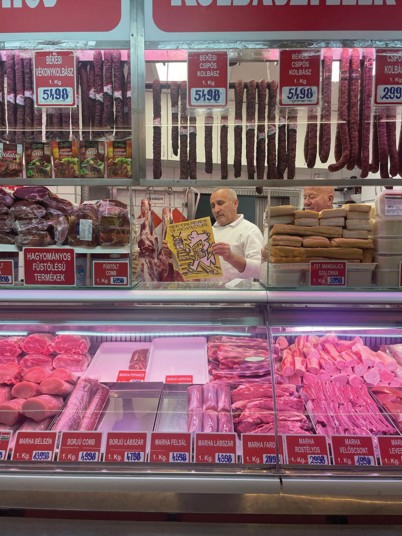 A butcher in Budapest reads NYRA Issue 31