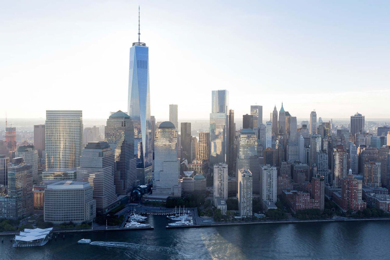 One World Trade Center as seen from the skyline at a slightly aerial view