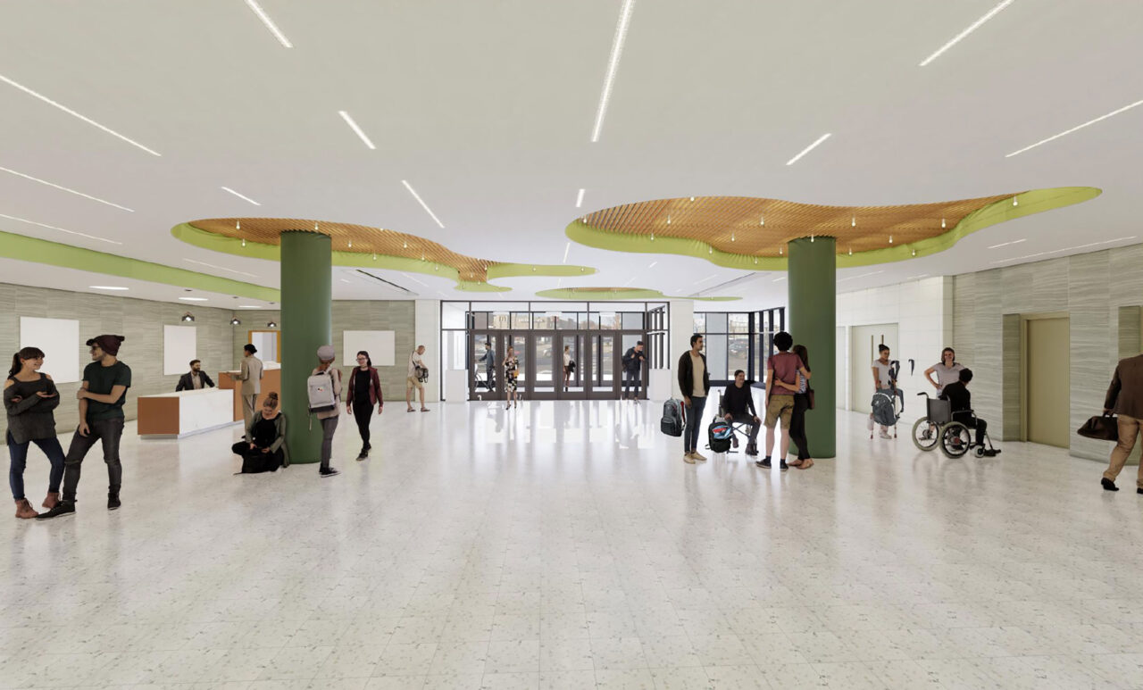 A rendering of the lobby in SCA’s new high school in the Woodside neighborhood of Queens.