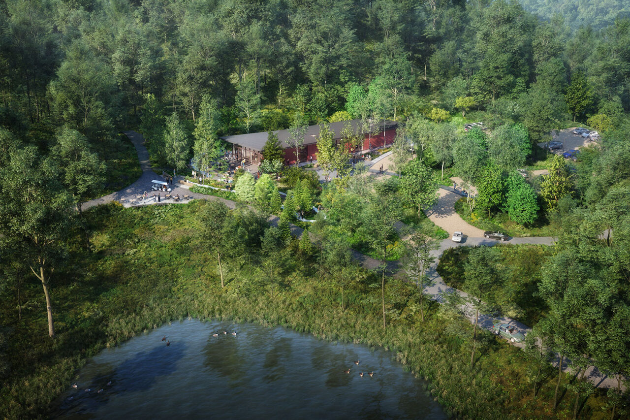 Rendering of an aerial view of the site of the welcome center