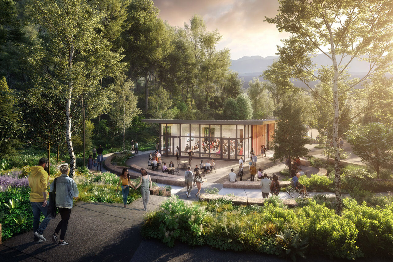 Rendering of building exterior in the landscape of Olana