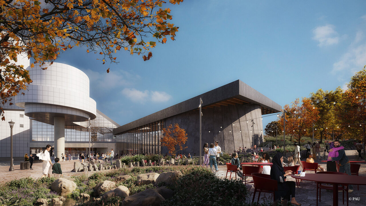 A digital rendering of the Rock & Roll Hall of Fame venue on an autumnal day.
