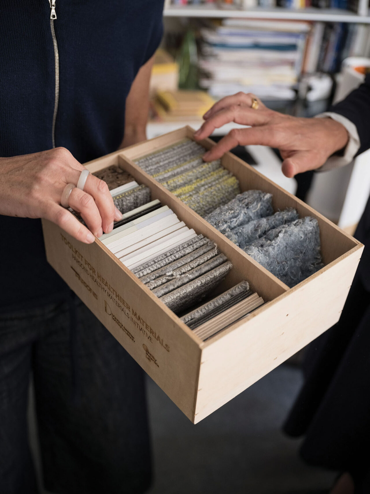 A sample box of healthier affordable materials at the lab.