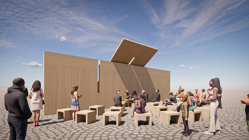 Public Display by Form Us With Love. (Large wooden panels are balanced to create a place of gathering. There are many wooden benches.)