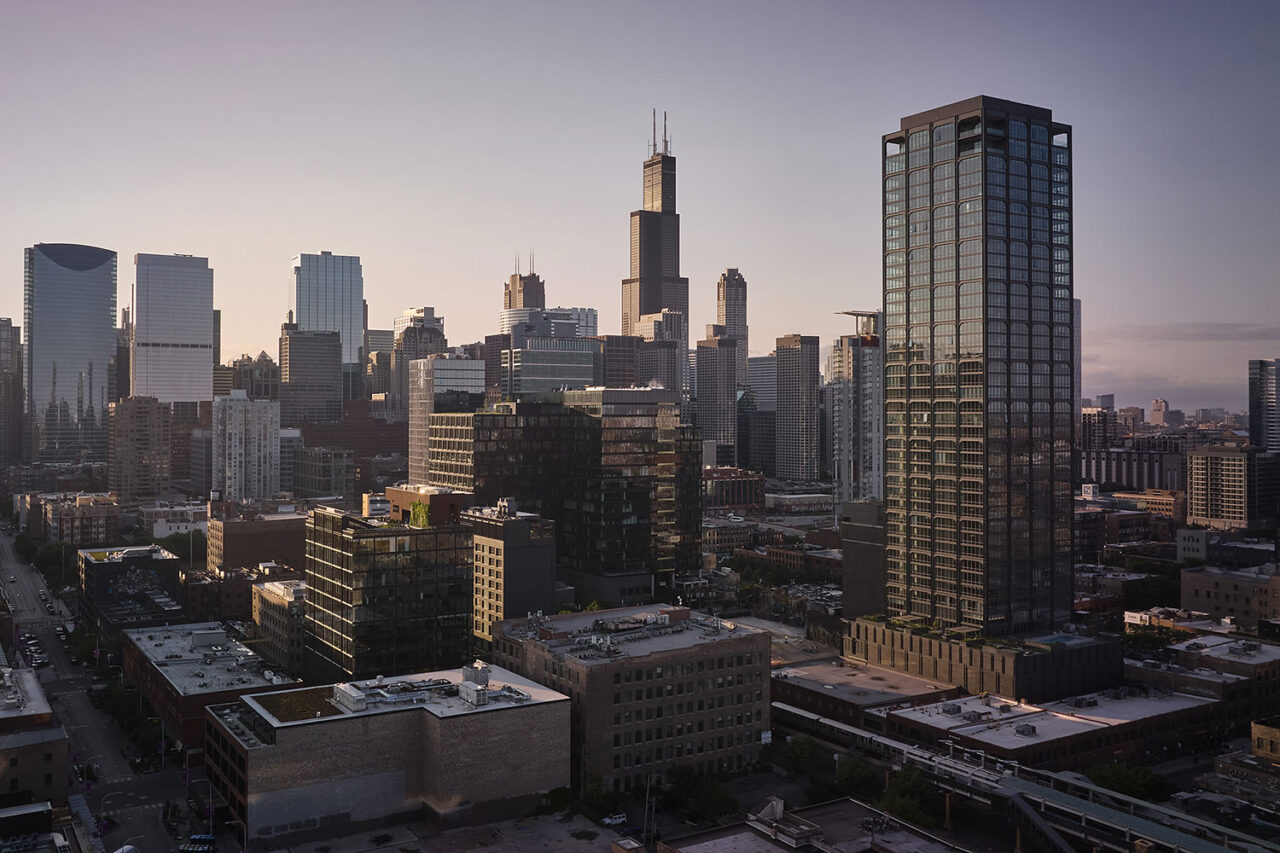 Aerial view of The Row Fulton Market building in the cityscape