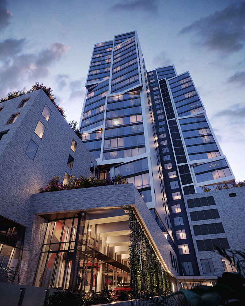 2413 Third Avenue rendering. Tall building with many lit windows.