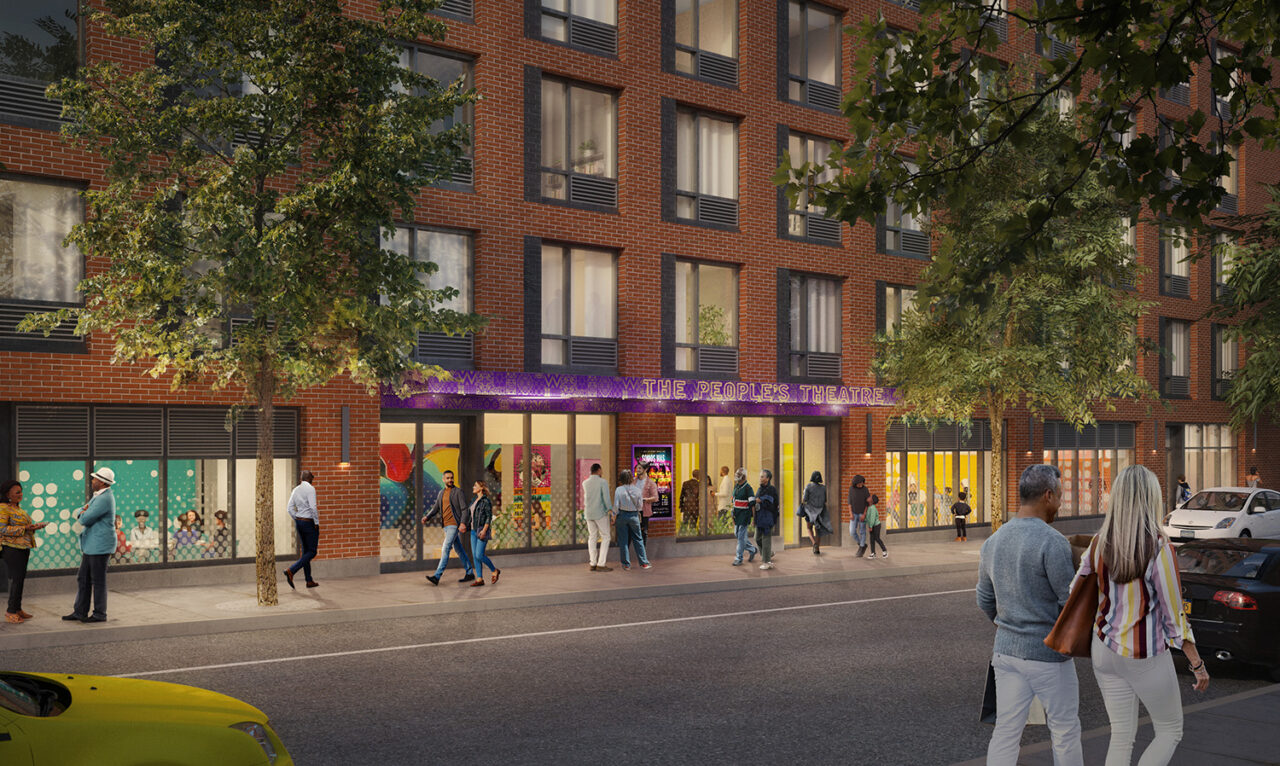 Outside rendering of The People's Theatre. Brick building with light emanating from the large windows.